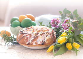 Still life with Easter cake and colored eggs